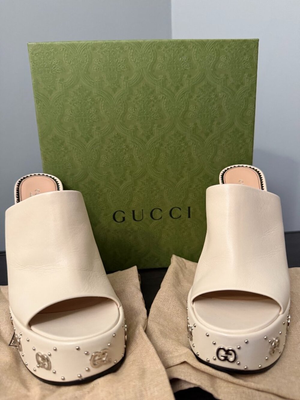Gucci Mystic White Platform Slide Mules w/ Studs & Interlocking G - Size 9